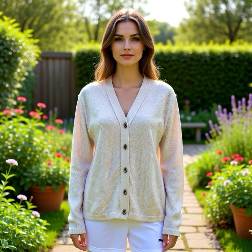Vintage Karen Scott V-Neck Button-Front Fisherman Knit Cardigan Wool Blend Sz M